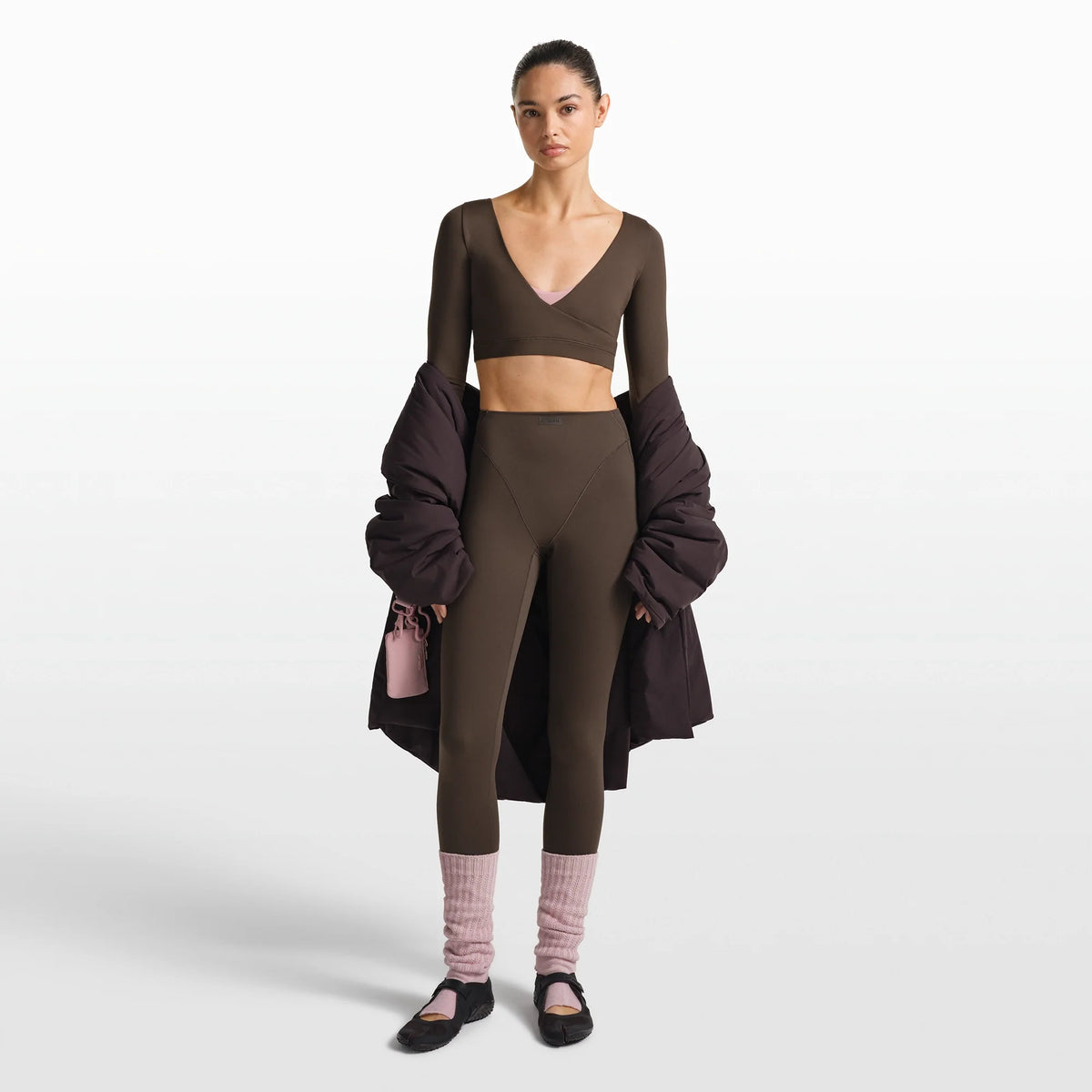 NikeSKIMS MATTE WRAP LONG SLEEVE CROPPED TOP | DARK SEPIA