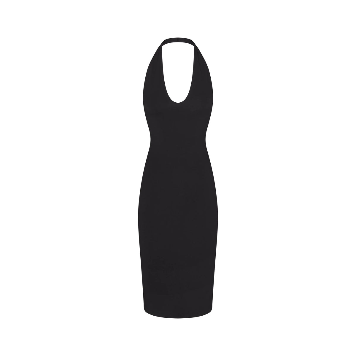 SMOOTH LAYERS PLUNGE HALTER MIDI DRESS | OBSIDIAN