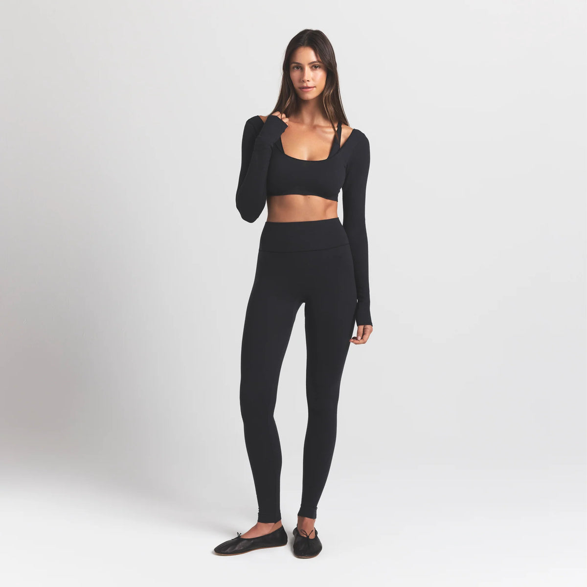 WOOL RIB LONG SLEEVE SUPER CROPPED TOP | OBSIDIAN
