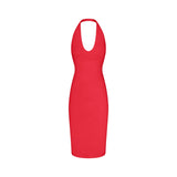 SMOOTH LAYERS PLUNGE HALTER MIDI DRESS | CARMINE