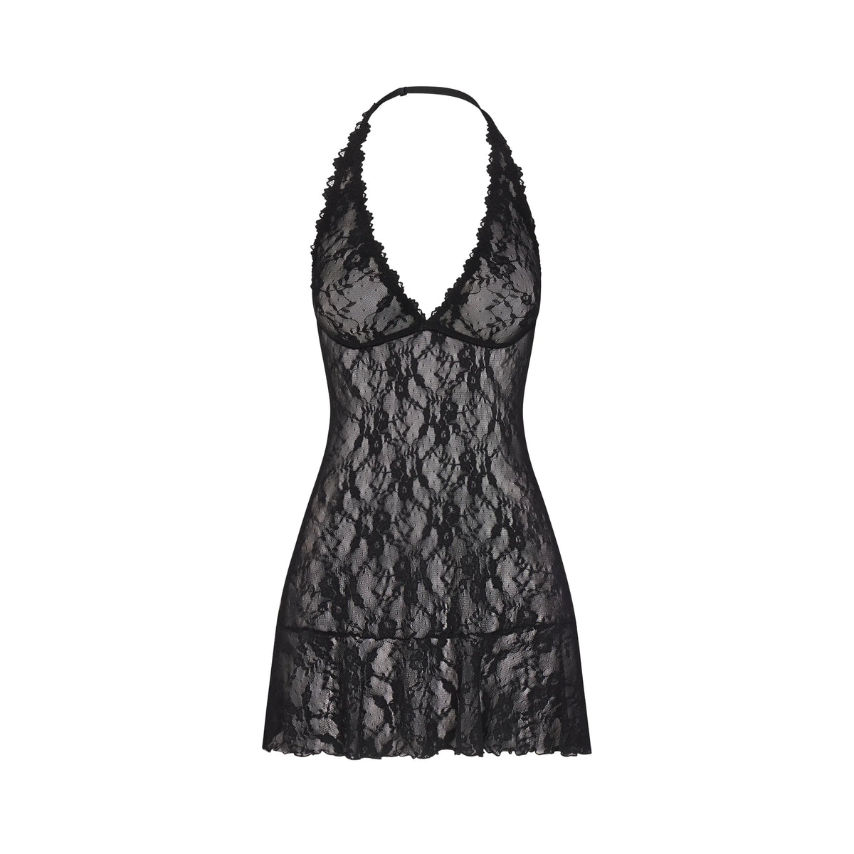 STRETCH LACE HALTER MINI DRESS | SOOT